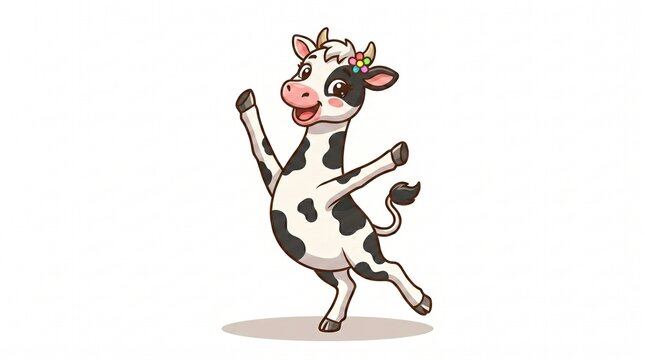Happy cartoon cow dancing with red polka dot bandana. Cheerful smiling spotted cow character with music notes, kawaii farm animal vector illustration, flat style.