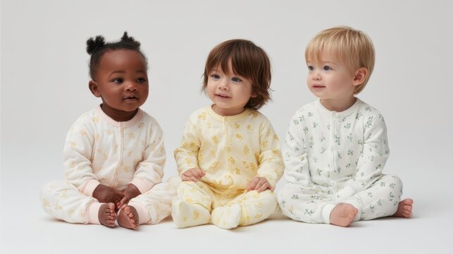 Three diverse babies in cute floral print footed pajamas sitting together