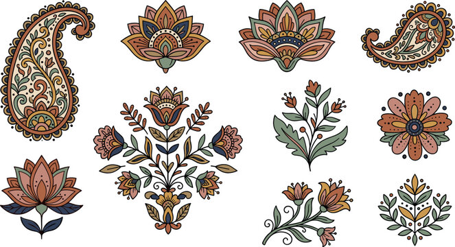 Traditional Indian paisley and lotus flower vector motif set featuring ethnic botanical ornaments boutique textile patterns and oriental boho design elements.