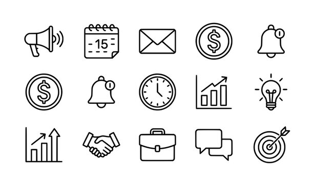 Business line icon set with megaphone calendar envelope and dollar vector symbols