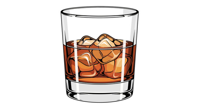 Whiskey glass with ice cubes.