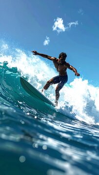 Surfer Riding a Wave Under a Blue Sky.