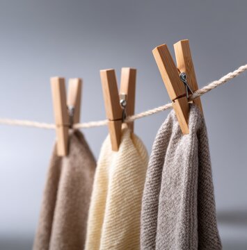 Neutral knitted fabrics drying on a rope with wooden clothespins