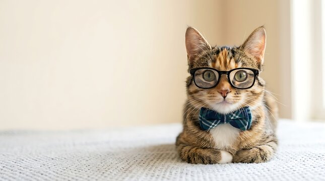 Smart tabby cat wearing glasses and a bowtie sitting on a bed