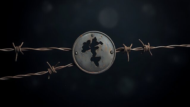 Rusted barbed wire entangled with broken symbol on weathered metal texture.