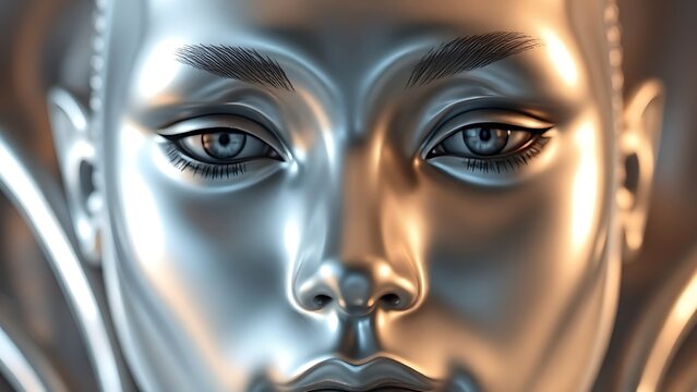 Liquid metal surface showing subtle facial contours with a mercury-like texture.