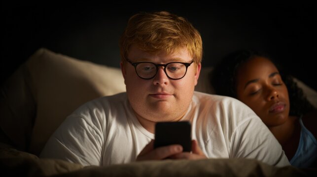 Man using smartphone in bed at night, ignoring sleeping partner