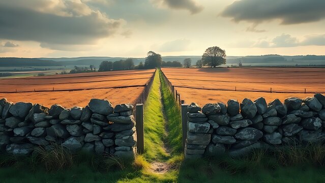 Broken stone wall dividing two adjacent fields under dramatic landscape lighting.