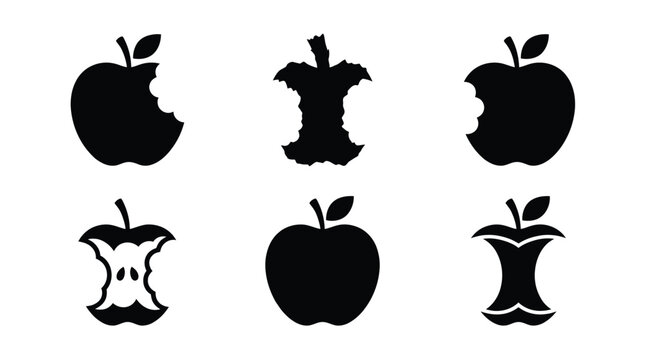 Minimalist black vector illustration set featuring various bitten apple silhouettes on a clean white background
