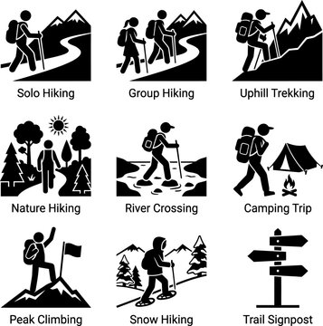 Outdoor hiking and mountain trekking icons set showing solo walking group tours river crossing peak climbing nature exploration and campsite activities with signs.