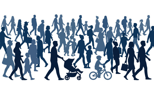 Flat vector illustration featuring a large diverse crowd of silhouettes walking together in urban life