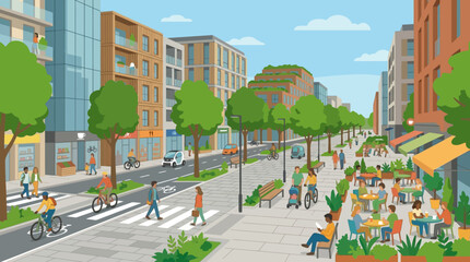 Naklejka premium Busy Urban Street Scene With Pedestrians And Cyclists.