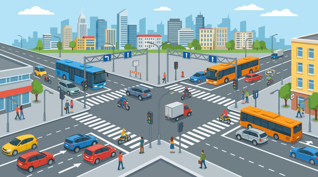 Busy Urban Intersection With Diverse Vehicles And Pedestrians.