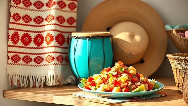 Peruvian Fiestas Patrias shelf: woven textile, caj&oacute;n drum and ceviche