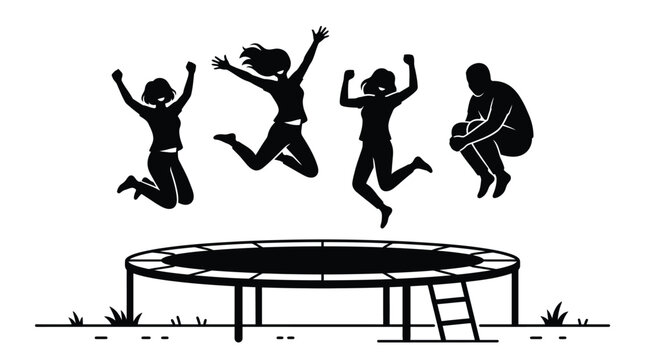 Energetic group of diverse people jumping together on a trampoline in this creative vector illustration