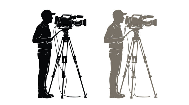 Professional cameraman silhouette vector illustration featuring a broadcast video camera mounted on a tall metal tripod