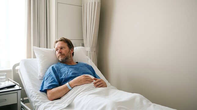 Middle aged male patient looking thoughtful in a hospital bed