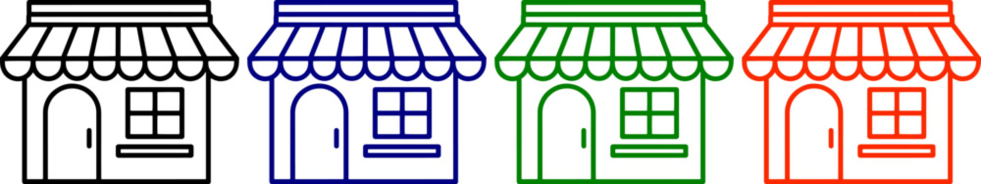 Four stylized shop or store fronts with awnings in black, blue, green, and red outline
