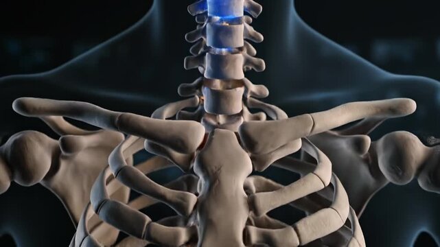 low angle close view from pelvis upward through spinal column with vertebrae activating in vertical sequence, glowing signals traveling along joints, medical visualization of spine function