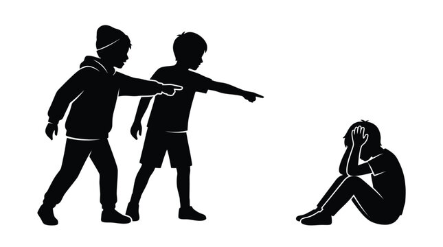 A black vector illustration showing two aggressive children pointing at a sad crying lonely boy
