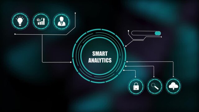 Futuristic digital smart analytics interface, high-tech HUD dashboard displaying intelligent business growth insights, and secure corporate cloud system.