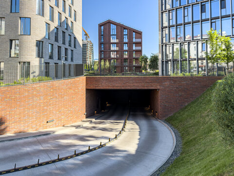 entrance to underground car parking garage. development of new residential area.