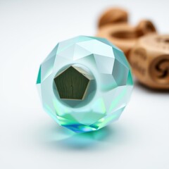 Obraz premium Crystal sphere rests near wooden abacus. Faceted surface reflects light, creating iridescent glow. Pentagonal hole visible within spheres structure.