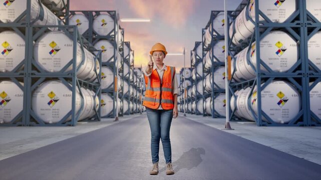 Full Body Of Asian Female Engineer With Safety Helmet Disapproving With No Index Finger Sign While Standing at Industrial Chemical Tank Container Storage Facility