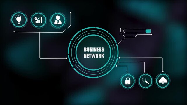 Futuristic digital business network interface, high-tech HUD dashboard displaying global connection analytics, creative innovation, and secure cloud system.
