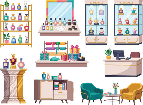 Cartoon pharmacy, drugstore interior, colorful vector icons, 9 elements