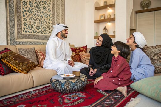 Warm family gathers in cozy, traditional living room