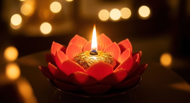Beautiful glowing lotus flower candle with warm bokeh lights in background