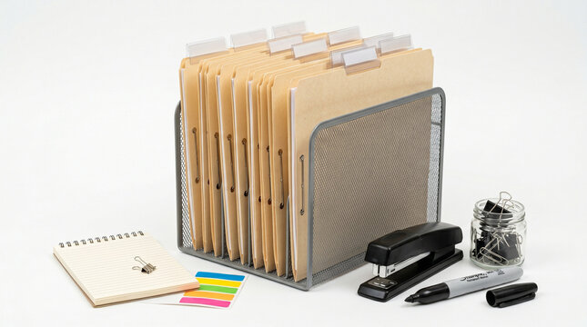 Manila hanging file folders in metal desk organizer, office supplies with stapler and notepad, professional business document storage