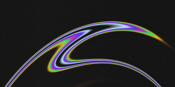 Abstract fluid wave shape with glitchy iridescent gradient and grainy texture on a black background.