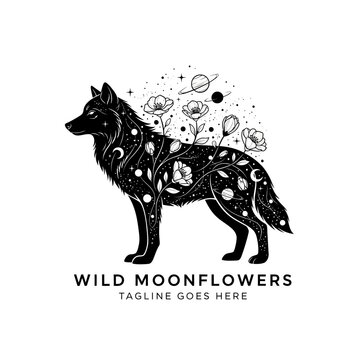Artistic black and white wolf illustration adorned with blossoming flowers and starry night sky elements, ideal for eco-friendly brands, boutique apparel, or organic products.