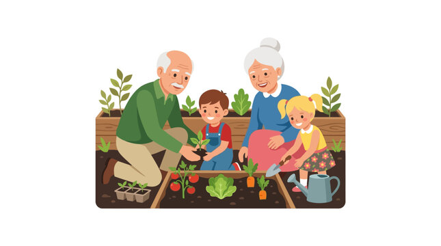 Grandparents and grandchildren gardening together in a vegetable patch.