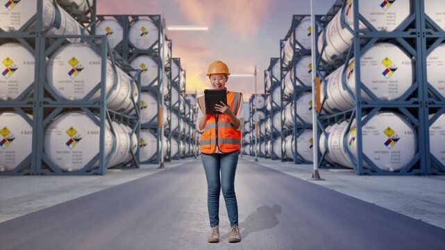 Full Body Of Asian Female Engineer With Safety Helmet Working On A Tablet While Standing at Industrial Chemical Tank Container Storage Facility