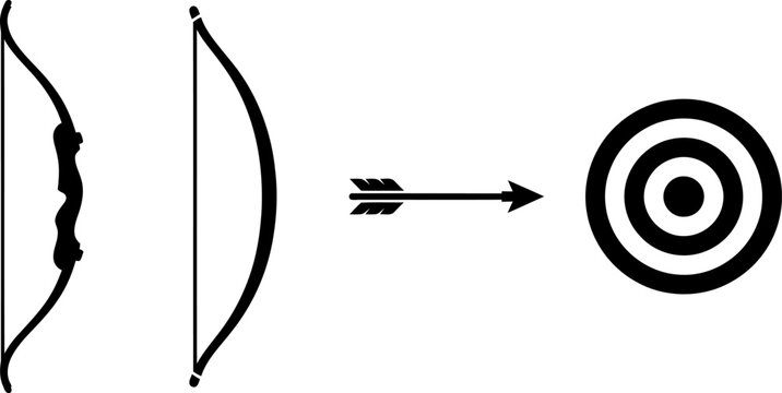Set of black archery icons showing longbow compound bow target and arrow flying towards bullseye isolated on transparent background for hunting and archery design set.