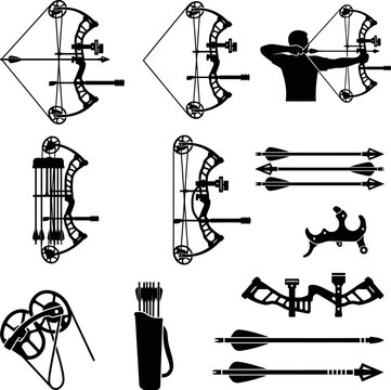 Set of modern compound bow silhouette graphics including archery equipment accessories quiver arrows and athlete figure for hunting target shooting practice black icons.