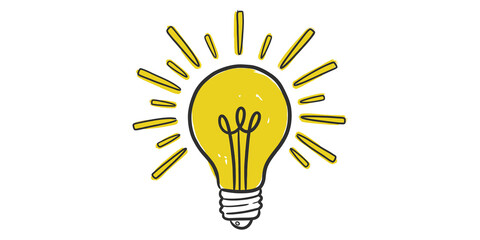 Hand Drawn Yellow Light Bulb With Rays Isolated On Black Background For Creative Idea Concepts © Hanis