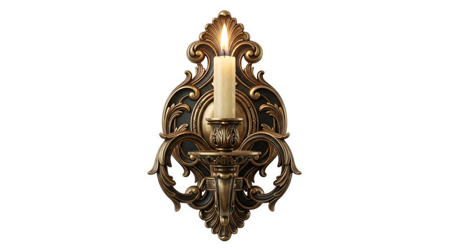 Vintage ornate gold wall candle holder with a burning white candle