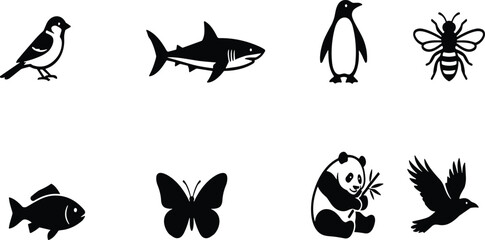 Black and white animal silhouette icon set, vector graphic collection, featuring bird, shark, penguin, bee, fish, butterfly, panda illustration. © Mdjoshel 