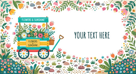 A charming vector illustration features a blue flower cart overflowing with colorful blooms in a whimsical garden with space for custom text. © Regina