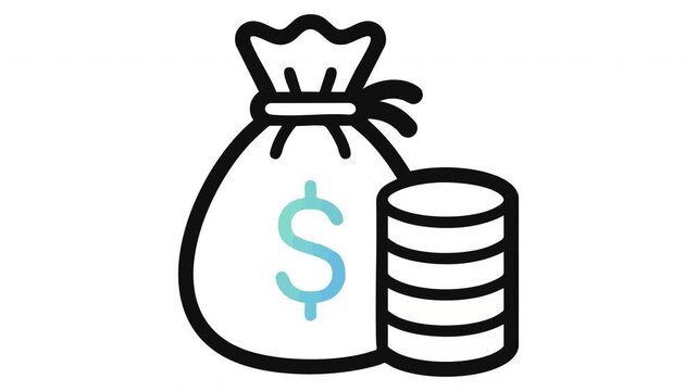 Minimalist money bag icon and stack of coins animation 4k