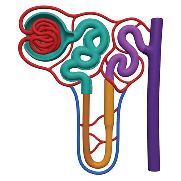 Kidney nephron 3D cartoon illustration, glomerulus Bowman capsule tubule collecting duct, filtration unit anatomy medical education
