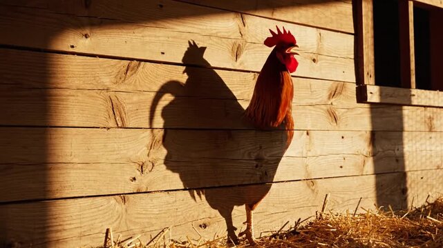 Majestic Rooster Standing Beside A Rustic Wooden Farmhouse Wall With A Striking Long Shadow During Golden Hour Light