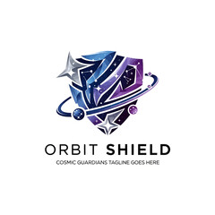 Dynamic space-themed logo featuring a stylized shield enveloped by planetary rings and cosmic energy, ideal for tech or gaming. © bear