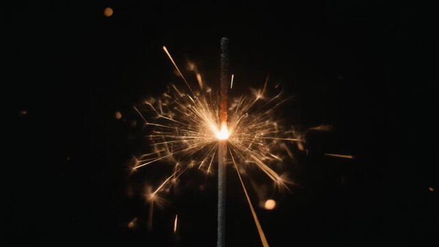 A single festive sparkler stick burning brightly, emitting beautiful golden sparks and glowing light trails against a solid dark background.