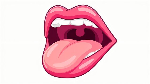 Cartoon open mouth with tongue sticking out, vibrant pink lips, white teeth, and a playful expression, isolated vector illustration on a clean white background, graphic design element.