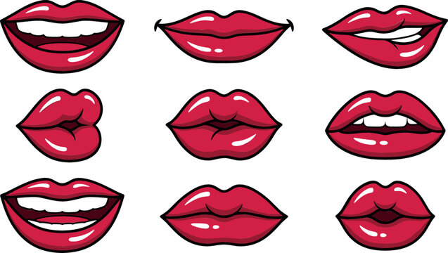 Sexy red lips vector icon set featuring beautiful female mouths smiling kissing biting lips showing white teeth and expressive cartoon emotions.